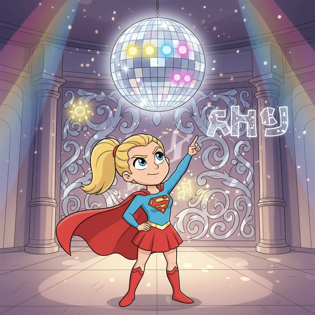 Using her super-sharp vision, Stella spotted a hidden sequence of colored lights blinking on the giant disco ball. Each blink corresponded to a symbol on the mirror, and when she focused hard, a secret word began to form. Her cape fluttered with a surge of excitement as the first clue came into focus.