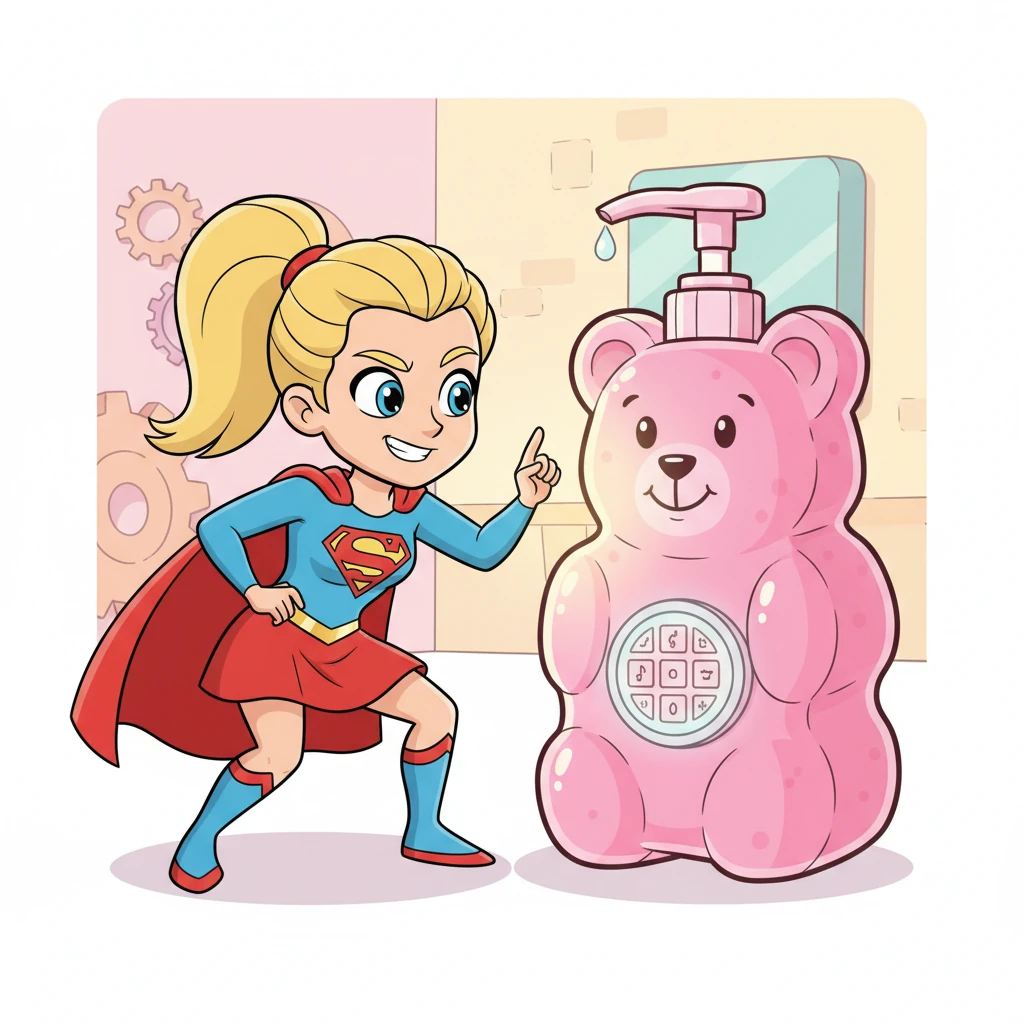 The decoded word pointed to a ridiculously oversized, gummy-bear-shaped soap dispenser that pulsed with soft light. It had a tiny keypad that glowed faintly, demanding a musical rhythm rather than numbers or letters. A mischievous smile played on Stella's face; this was a challenge for her super senses!