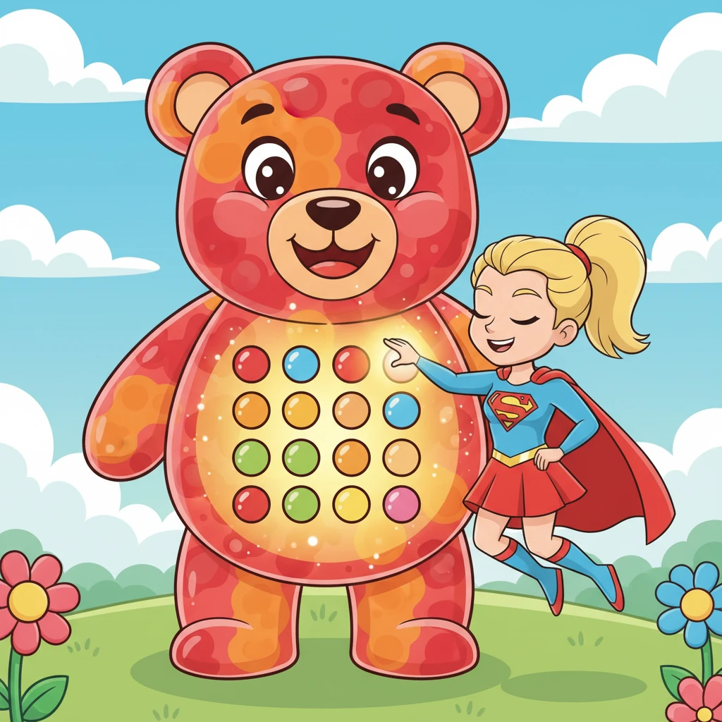 Stella closed her eyes, using her super hearing to pick up a faint, repeating beat coming from deep inside the dispenser. With a joyful bounce, she tapped out the exact rhythm on the gummy bear's squishy keypad. The giant gummy bear jiggled happily in response, its belly glowing brighter.