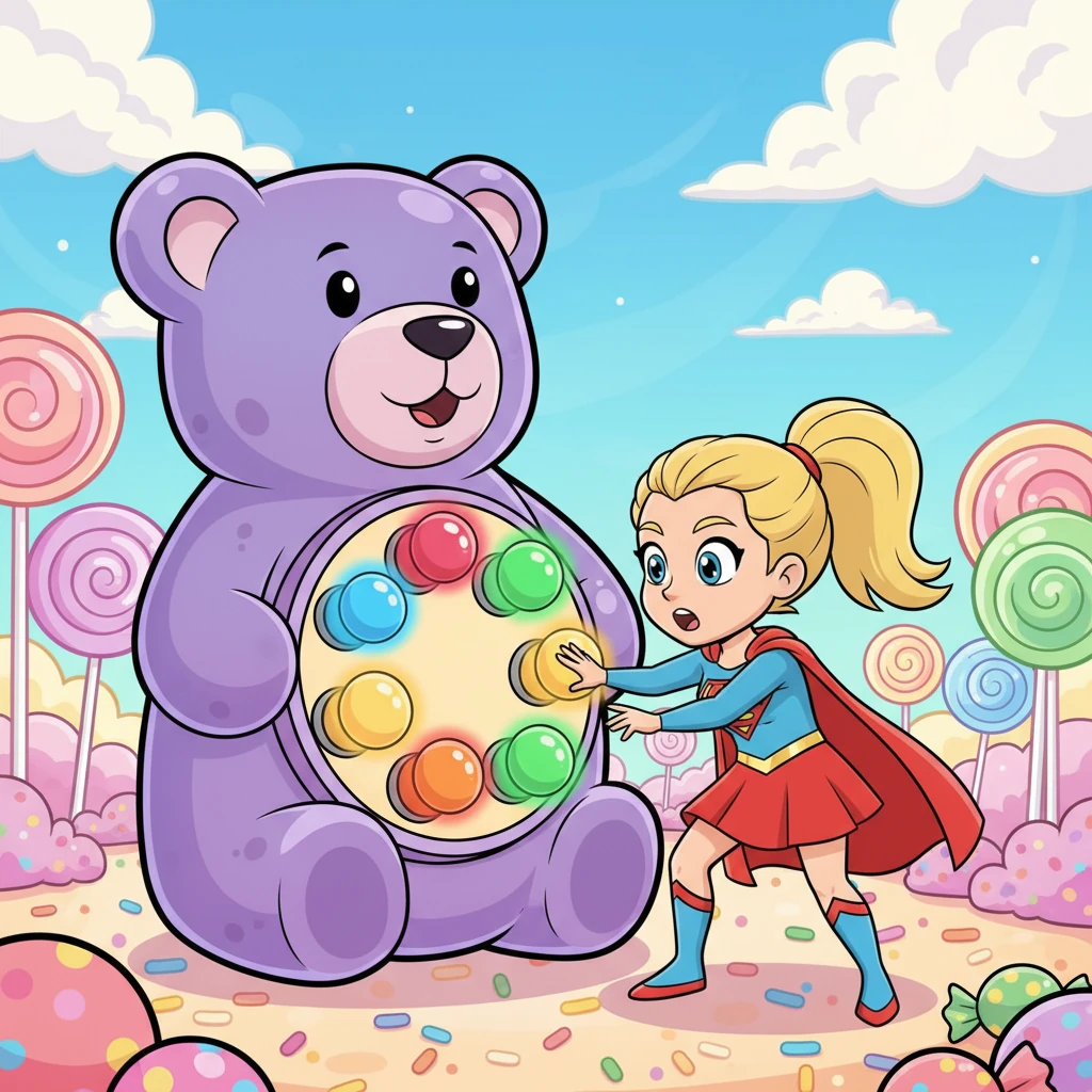 With a cheerful 'POP!', the gummy bear's belly opened, revealing a hidden panel with five enormous, squishy buttons of different colors. Each button flashed rapidly, changing its color in a dizzying, unpredictable sequence. Stella knew she had to be super quick to solve this puzzle.