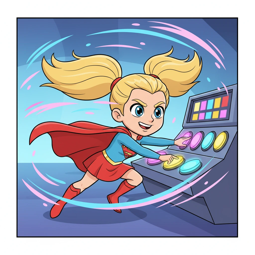 Super Stella grinned, her eyes sparkling with determination. She used her super-speed, a blur of pink and blue, to press the buttons in the exact order they appeared *before* they could change colors. Her pigtails flew wildly as she zipped from button to button, a tiny whirlwind of focused energy.