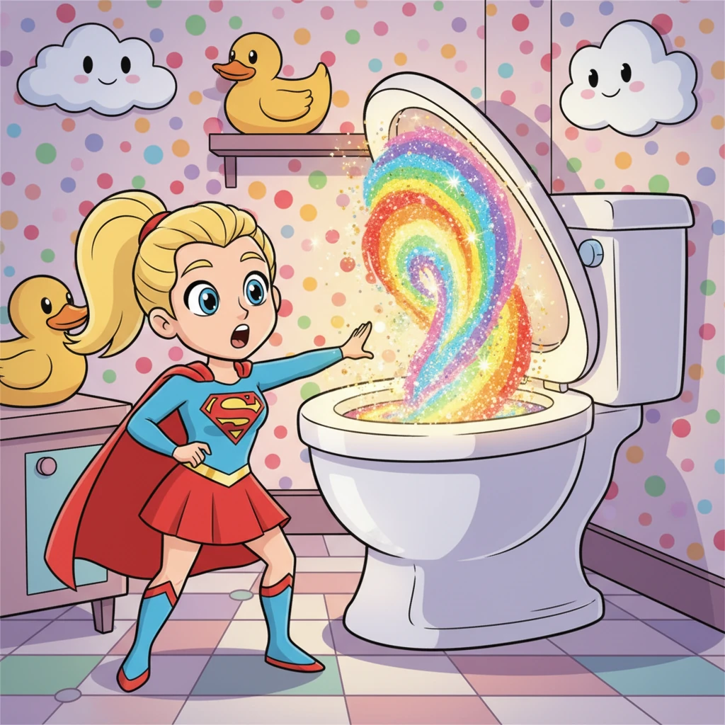 A rumbling sound shook the room, and the comically large toilet bowl behind her began to swirl with rainbow colors. The lid slowly rose, revealing not water, but a shimmering, glitter-filled portal. It was an unexpected, dazzling exit from the peculiar bathroom.