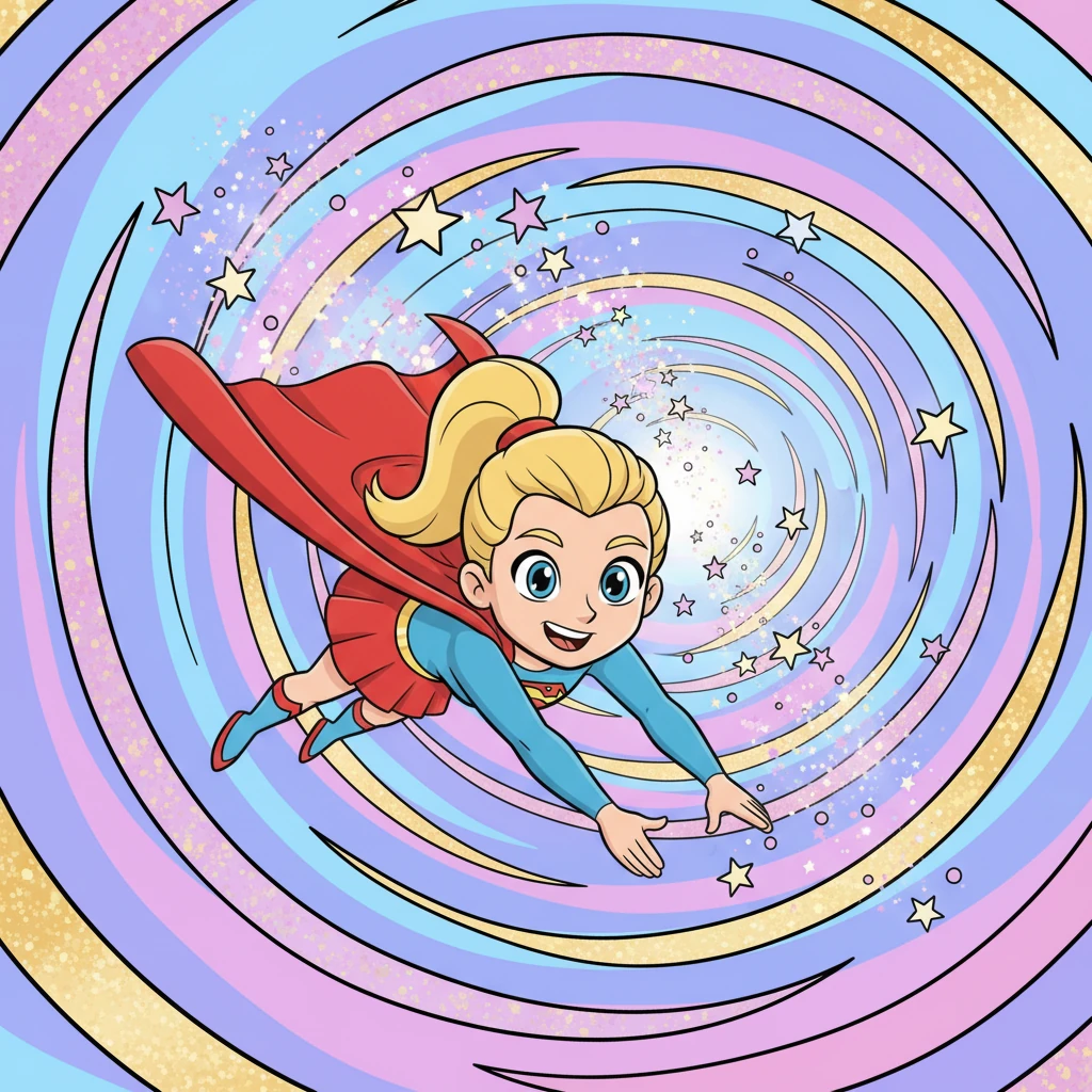 Stella took a deep breath and, with a confident leap, dove headfirst into the sparkling vortex. She soared through a tunnel of swirling glitter and pulsing lights, her cape trailing like a comet's tail. Following a path of glowing stars, she knew she was nearing her escape.