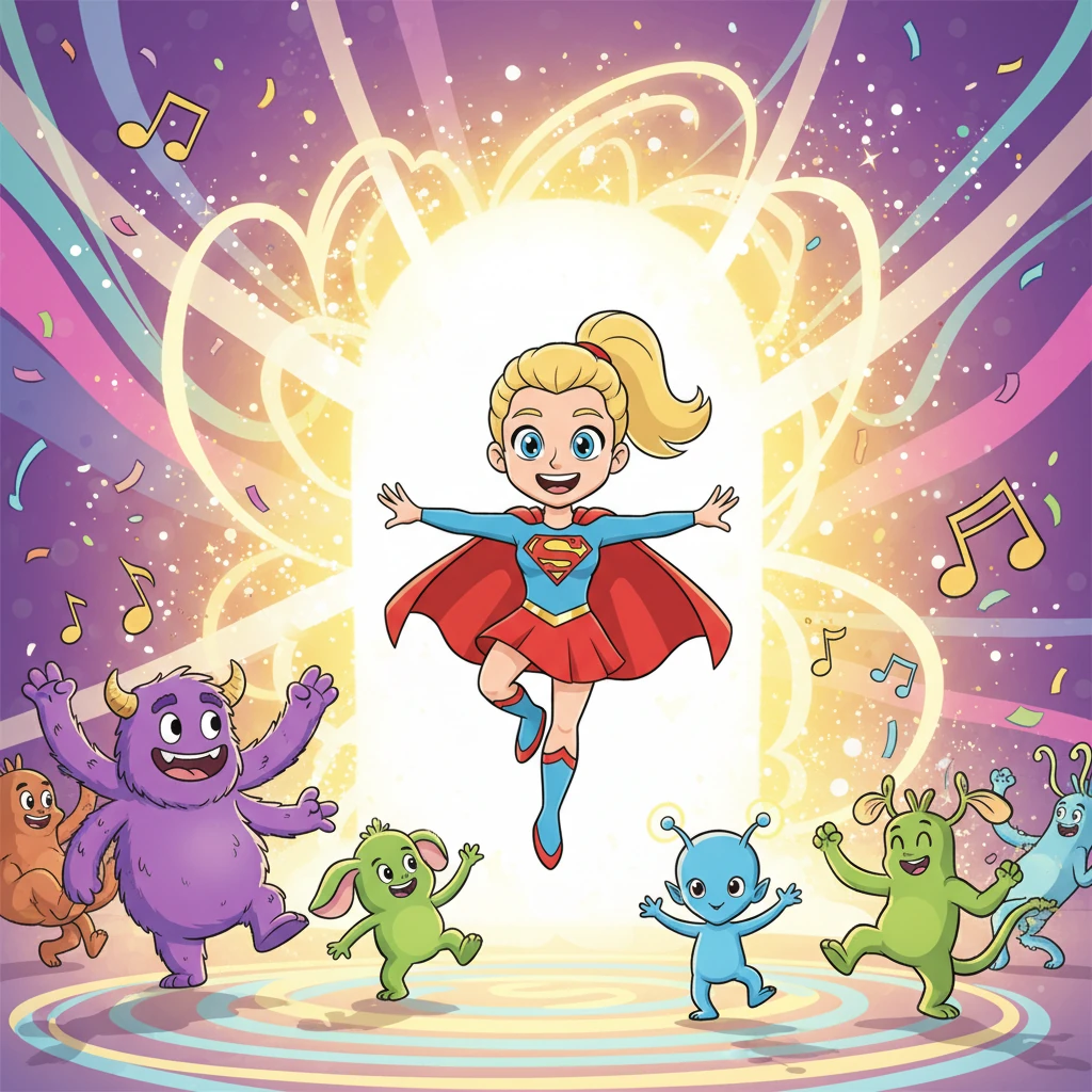 With a final whoosh and a burst of light, Super Stella emerged from a giant, glowing archway, landing perfectly amidst a cheerful crowd of dancing, cartoonish creatures. She was free, her adventure complete, and ready to join the vibrant, joyous rave, her cleverness having won the day!