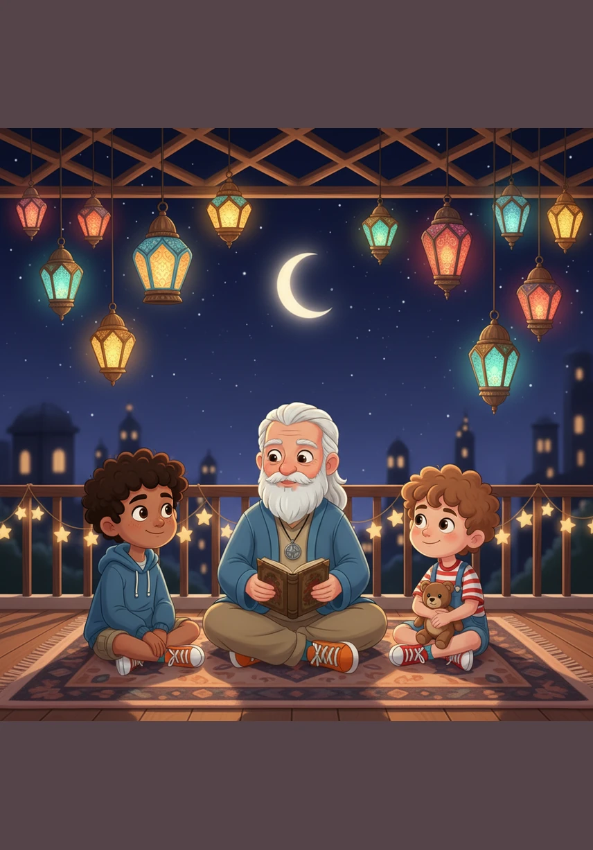 On a quiet Ramadan night, Omar and his brother Adam sat with their grandfather on the house's spacious balcony. Colorful lanterns hung from the ceiling, casting a warm glow while the crescent moon sparkled in the starry sky.