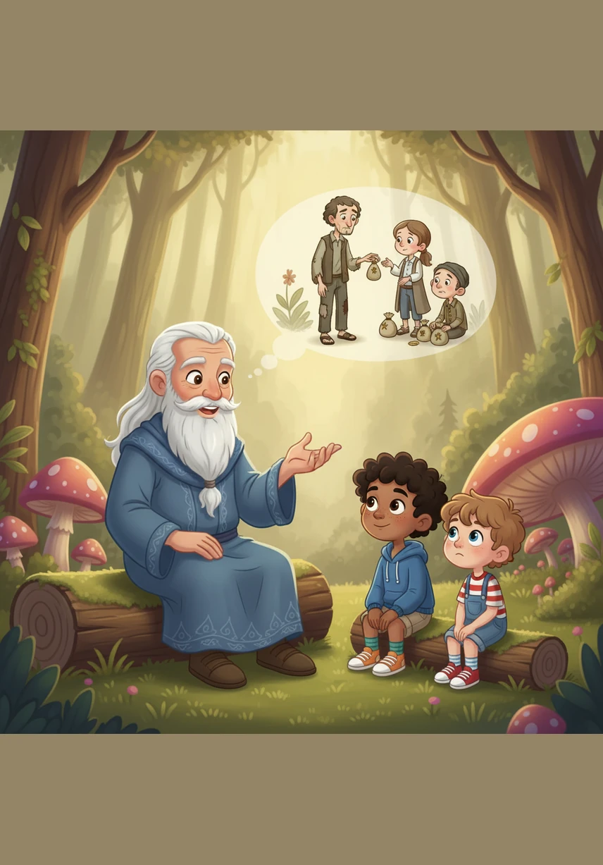 The grandfather smiled kindly and began to tell them a story about a very poor man who did not have a single coin to give in charity. This man watched the wealthy helping the poor and felt a squeeze in his chest because he wanted to do good too.