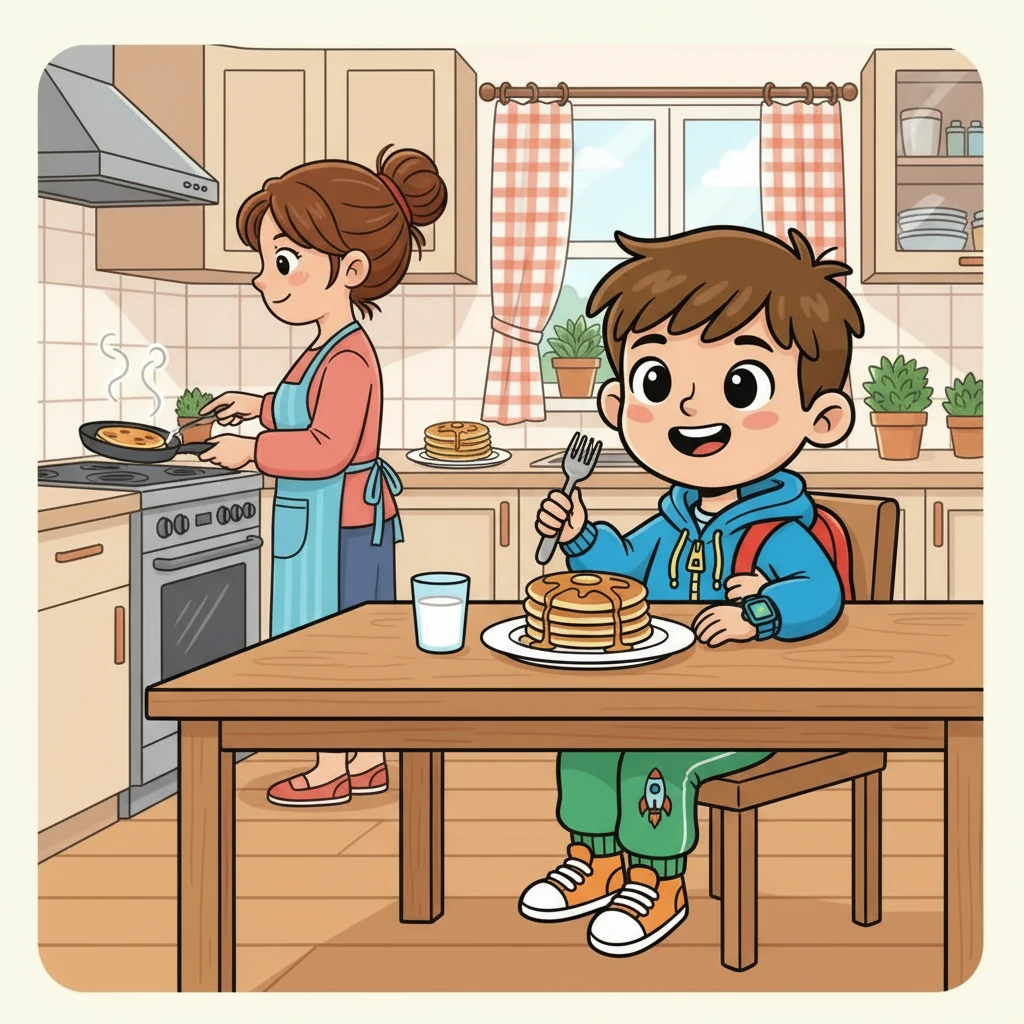 Next, Leo heads to the kitchen, where the aroma of pancakes fills the air. His mom is at the stove, flipping golden-brown pancakes. Leo sits down, excited for breakfast, and happily eats his morning meal.