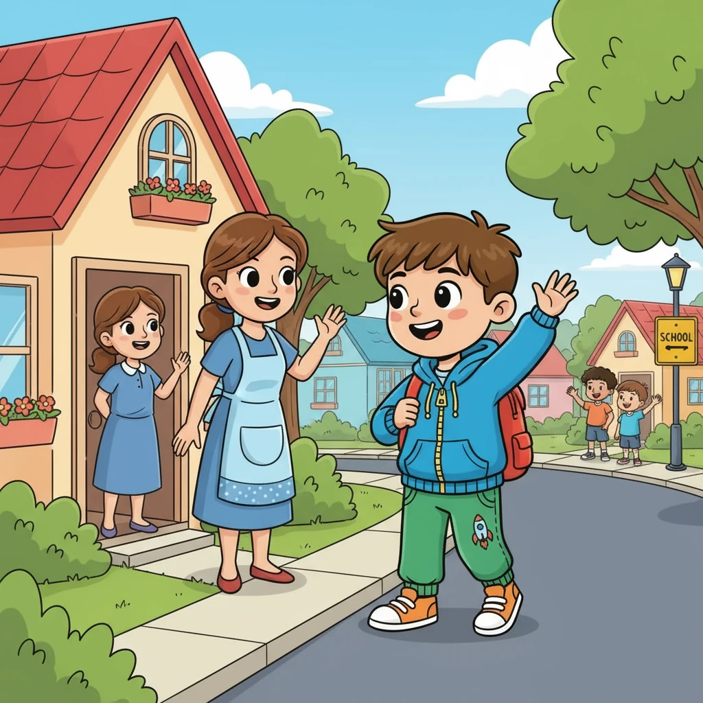 After breakfast, it's time for school! Leo grabs his backpack and heads out the door, ready to learn. He walks down the street, waving goodbye to his mom, eager to meet his friends.