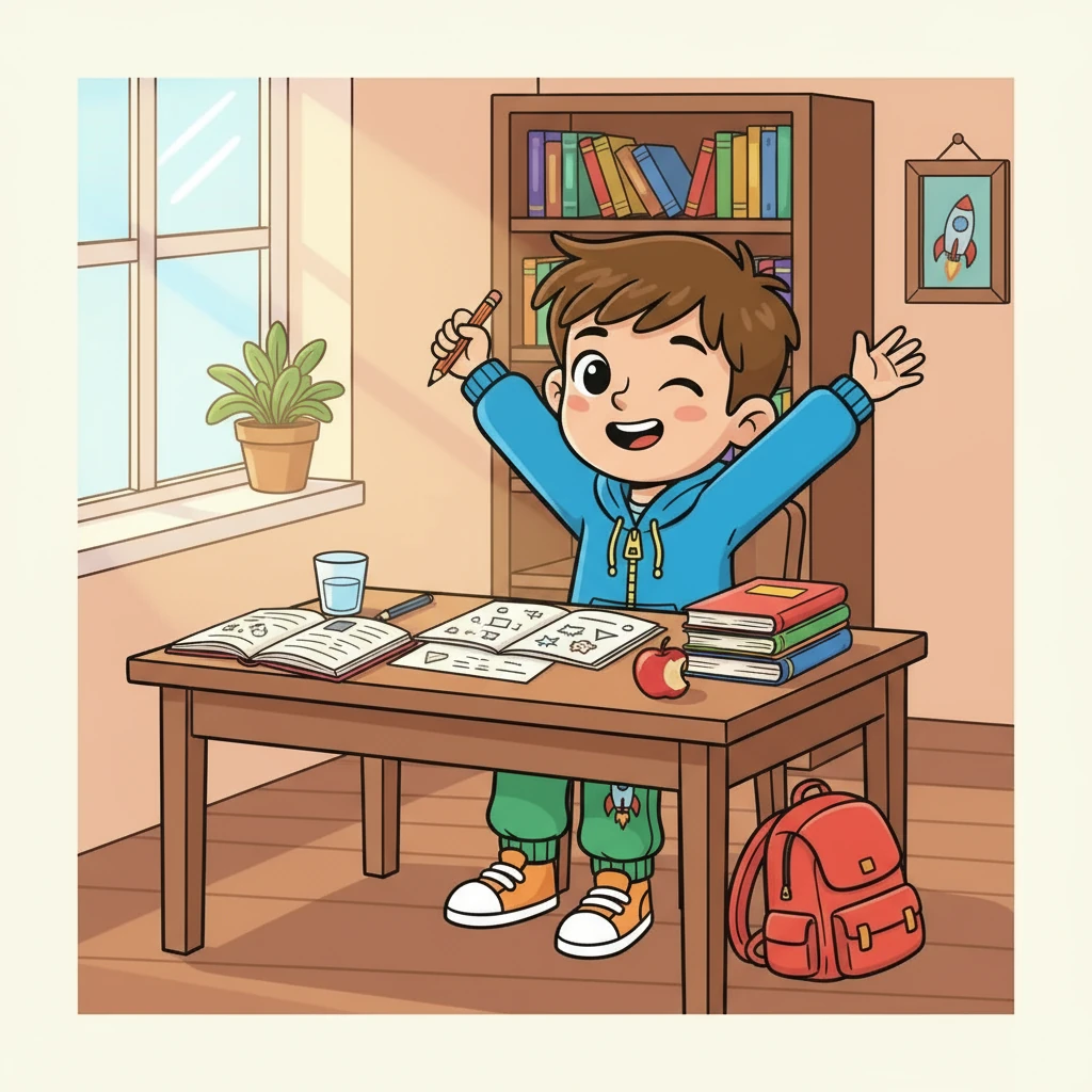 In the afternoon, Leo returns home and starts his homework. He diligently works on his assignments, sometimes pausing to think. With his homework finished, he is happy to have some free time.