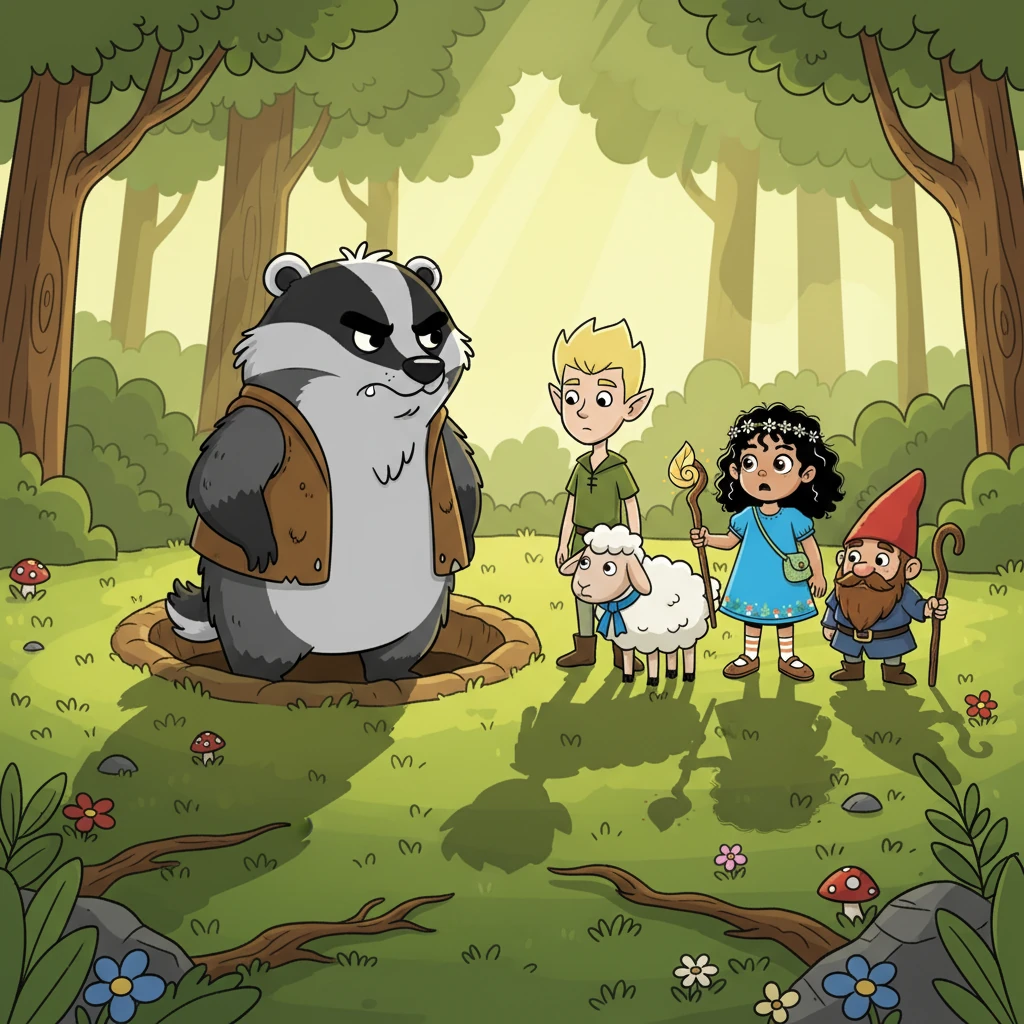 Suddenly, a shadow fell over the glade. A grumpy badger named Bartholomew emerged from his burrow, grumbling about noise. Elara, Finley, Willow, and Barnaby looked concerned, not knowing what to expect.