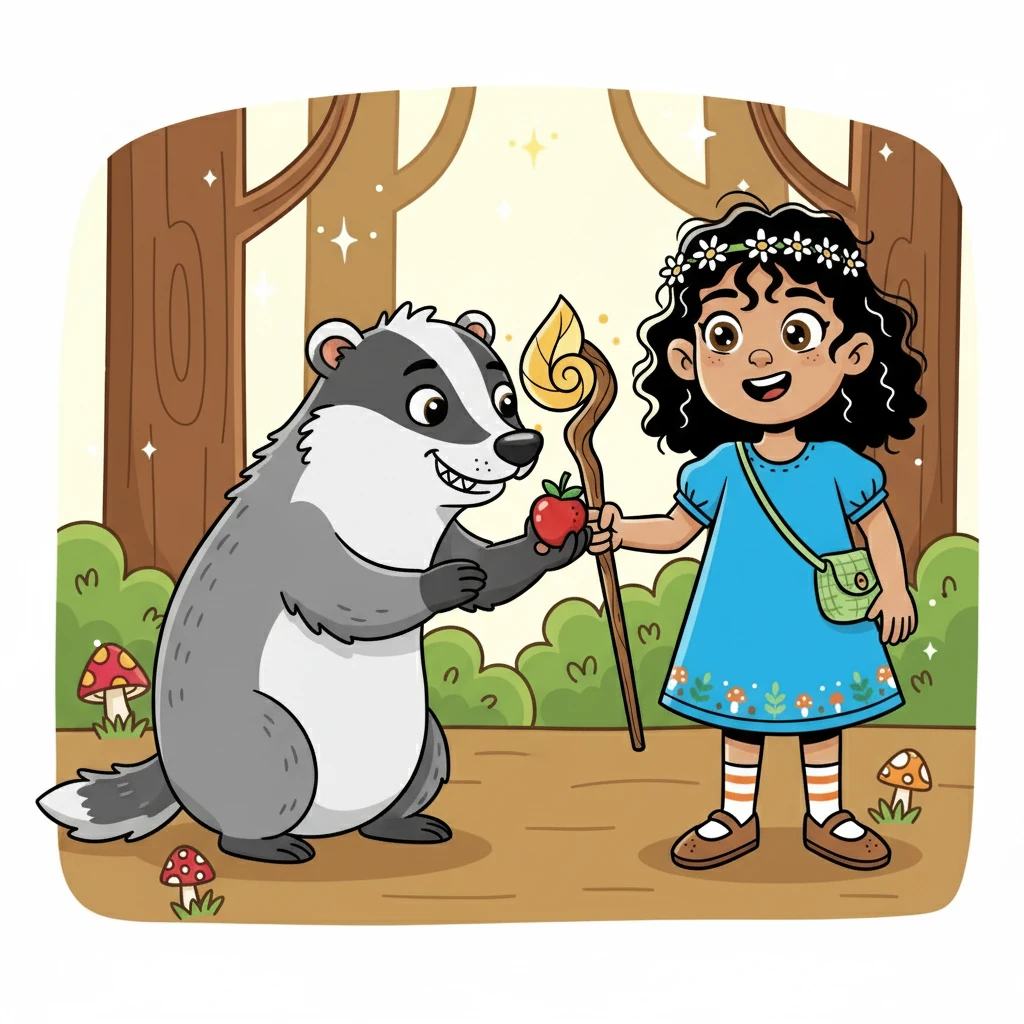 Elara, with her quick thinking, offered Bartholomew a delicious berry she had found. The badger's frown softened as he tasted the sweet fruit. He began to smile, revealing his hidden kindness.