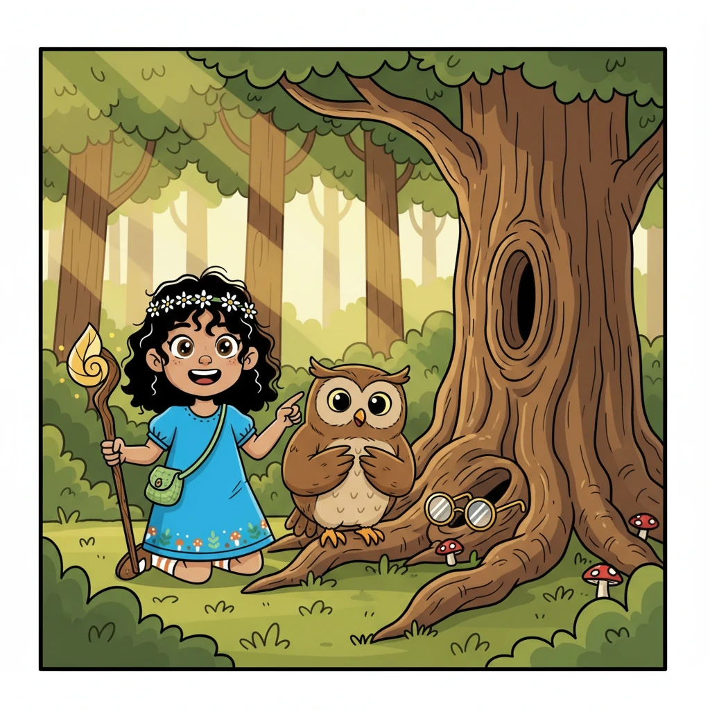 Finally, after much searching, Willow spotted the spectacles nestled amongst the roots of a giant oak tree. Bartholomew was overjoyed to have them back, and he thanked the group warmly.