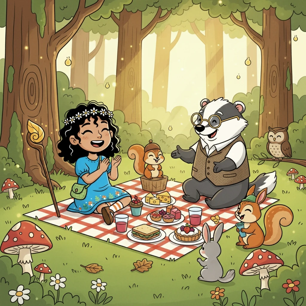 With Bartholomew's spectacles restored and his mood improved, they all gathered for a picnic. They shared stories, laughter, and the joy of their newfound friendship. The forest's heart was filled with joy.