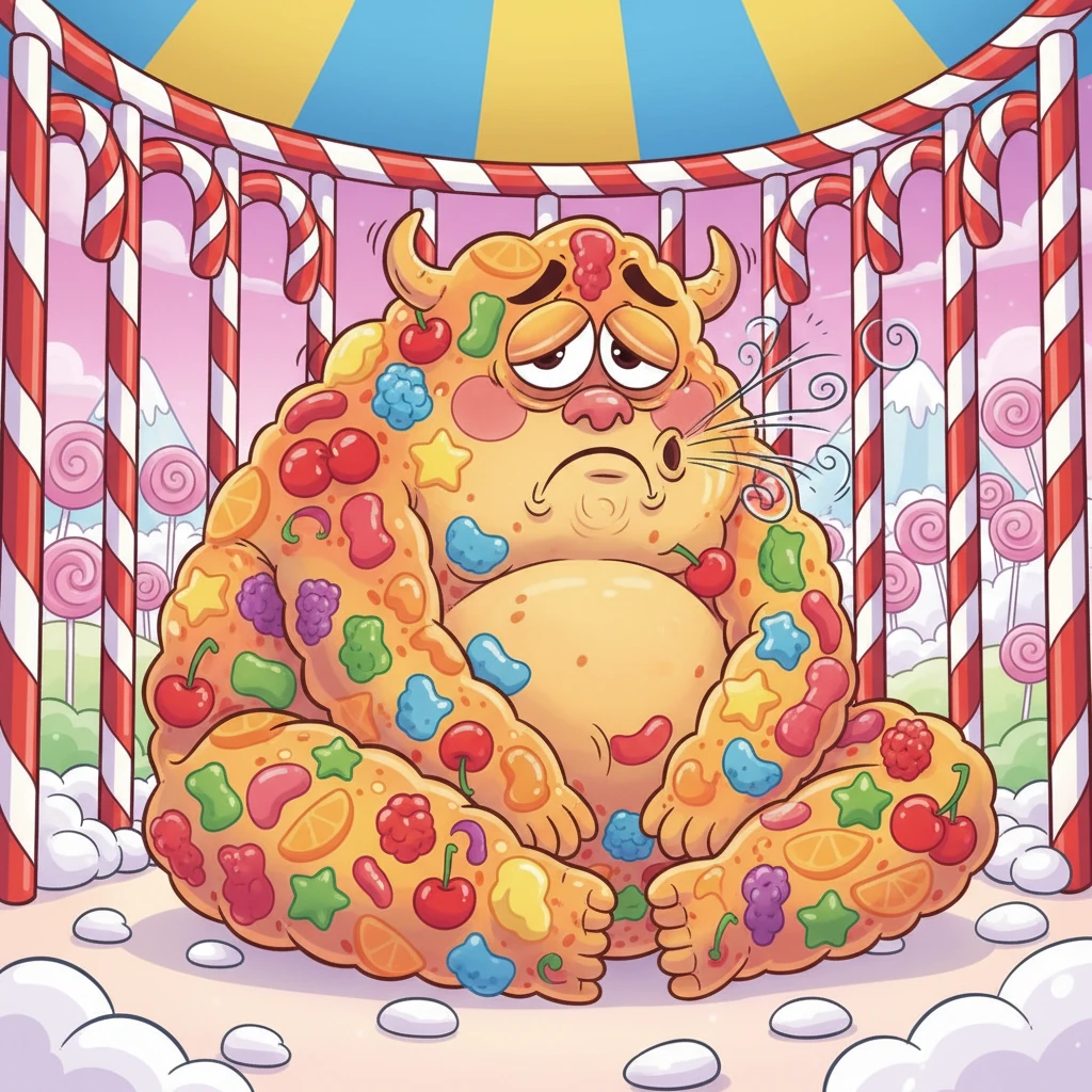 Deep within Layer 6, the deepest and most vibrant layer, King Chompers, a giant, wobbly beast made entirely of colorful gummies, let out a mighty, bored sigh. He bounced slightly, causing the candy-cane-striped walls of his cell to jiggle. He loved sweets, but even an endless supply of marshmallow clouds and lollipop trees couldn't cure his craving for a good, old-fashioned adventure.