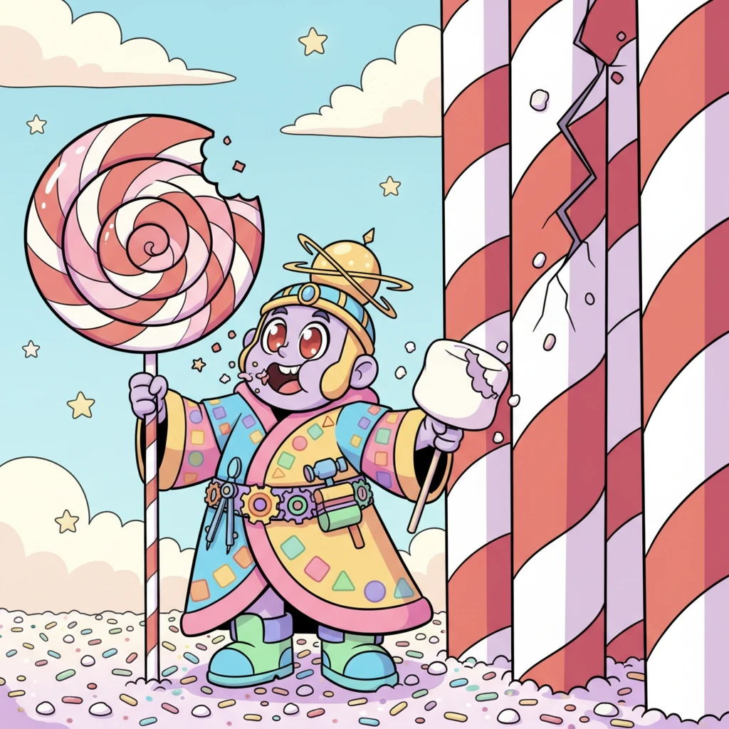 With a mischievous glint in his enormous gummy eyes, King Chompers began to nibble. First, a small, innocent bite of a marshmallow cloud, then a larger chomp of a lollipop tree, growing slightly bigger with each sugary mouthful. The candy-cane wall started to show a tiny, wobbly crack, a sugary path to freedom slowly emerging.