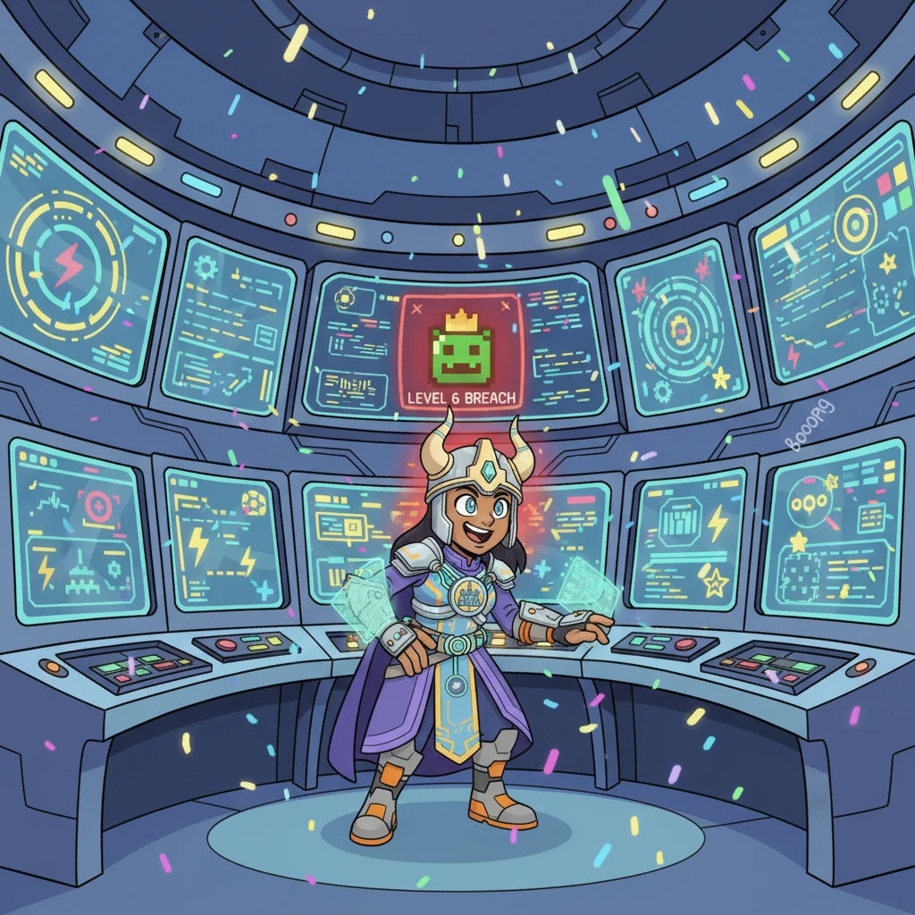 Suddenly, a cascade of bright, flashing lights and cheerful, booping alarms erupted throughout the Citadel. Warden Pixel's control room glowed with urgent, yet still friendly, warnings. A tiny, animated King Chompers icon on her main screen blinked red, indicating a Level 6 breach. "Oh dear," she chirped, a determined grin spreading across her face, "It seems King Chompers is feeling peckish for an escape!"