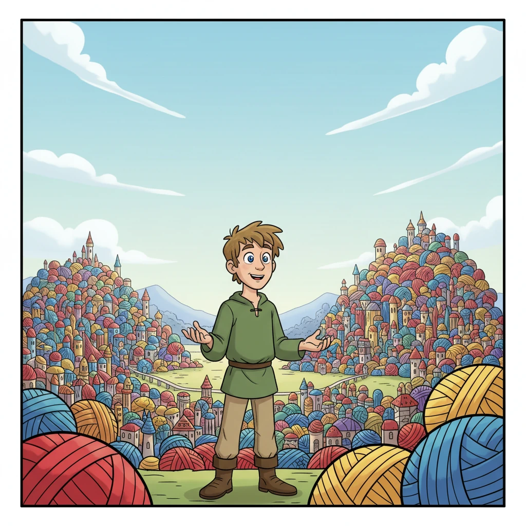 Elio giunse a Lans-en-Vercors, una città che sembrava un gomitolo immenso, adagiato nella conca della pianura. Colori vivaci di rossi, blu e ocra si distinguevano da lontano, ma l'aria era sospesa, senza vento, come in attesa. Era un pomeriggio silenzioso, e la città appariva come qualcosa dimenticato da una mano gigantesca. Immagine: Un uomo con un'espressione curiosa in piedi di fronte a una vasta città fatta di fili colorati che si estendono all'orizzonte, sotto un cielo sereno e luminoso.