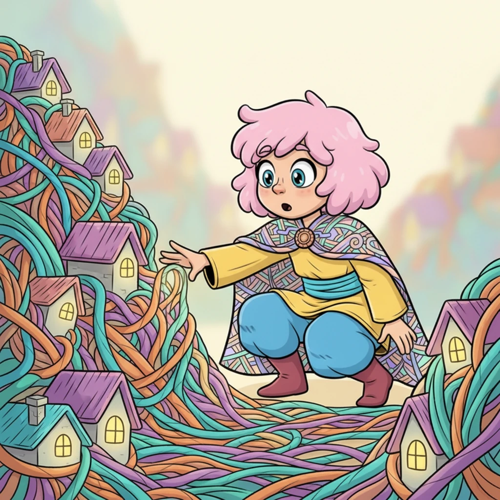 Avvicinandosi, Elio capì che non era solo lana: i fili erano strade, e lungo di esse correvano fili più sottili, come case addossate. Sulle case, luci abbaglianti e finestre trattenevano la luce come palpebre socchiuse. Sentiva sotto le dita la trama fitta delle memorie, quasi toccando il tempo stesso. Immagine: Elio, con un'espressione meravigliata, tocca con le dita un groviglio di fili colorati che formano una strada e piccole case stilizzate con finestre luminose. I fili sono audaci e vibranti.