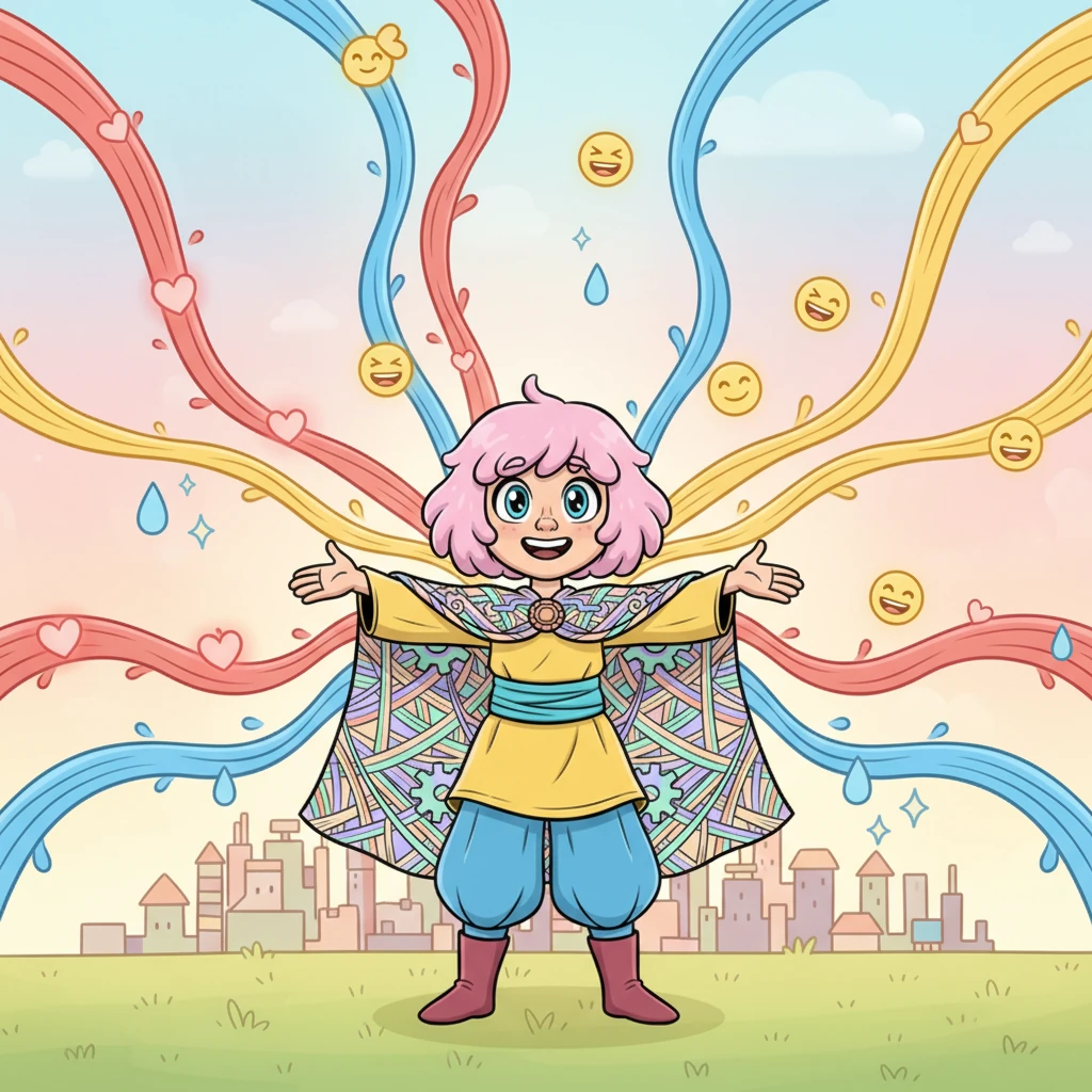 Ogni colore aveva una temperatura e un'emozione: il rosso riscaldava come un ricordo d'infanzia, il blu pungeva come un rimpianto inespresso, il giallo tremava di risate lontane. L'intera città sembrava una mente distesa nella pianura, un'enciclopedia vivente di esperienze. Ogni filo vibrava impercettibilmente, custode di un battito invisibile. Immagine: Elio è circondato da un'esplosione di fili rossi, blu e gialli che si irradiano da lui, ognuno con una piccola icona che simboleggia un'emozione (cuore per il rosso, goccia per il blu, faccina sorridente per il giallo).