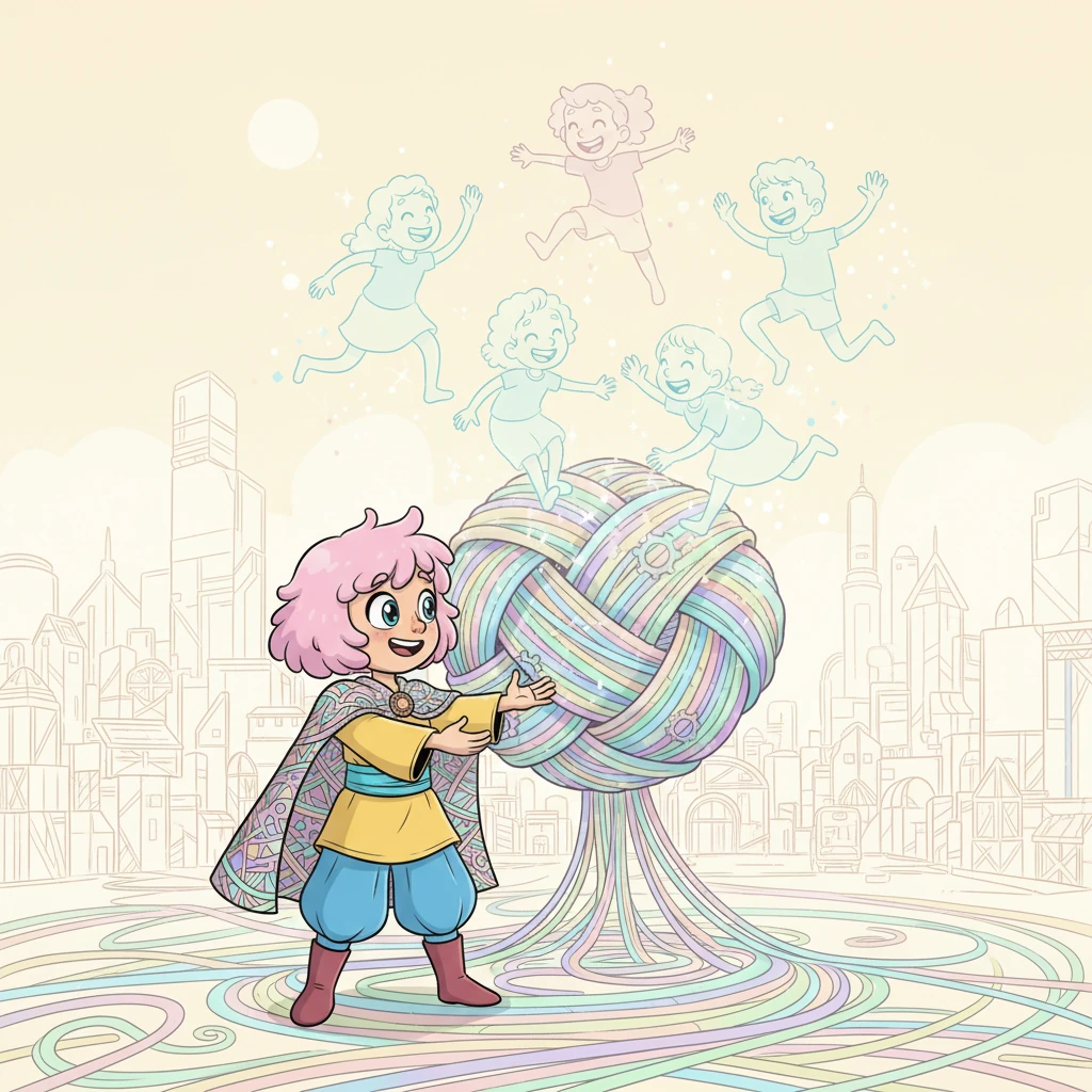 Non c'erano piazze, ma addensamenti dove molti fili si annodavano. Bastava sfiorare questi nodi o alzare la voce perché si sollevassero echi di passi, frammenti di giorni spensierati e ombre di corse sotto un sole che non esisteva più. Elio comprese che la città non era fatta di pietra, ma di ricordi intrecciati con precisione. Immagine: Elio in piedi accanto a un grande nodo di fili, da cui emergono sagome trasparenti e giocose di bambini che corrono e giocano, come echi del passato.