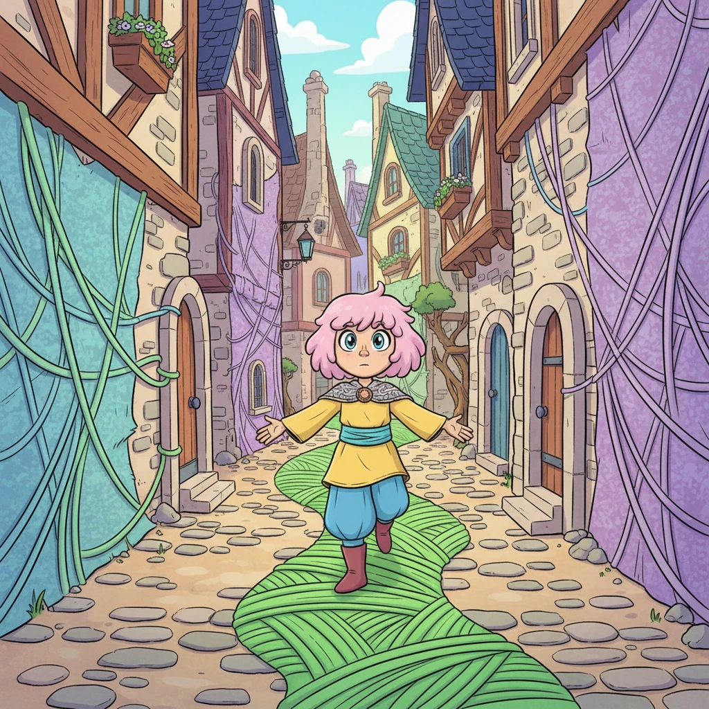 Seguì un filo verde, sottile come una vena sotto pelle, che lo condusse attraverso vicoli stretti. Il colore si mescolava all'azzurro e poi al viola, e ogni cambiamento risvegliava il precedente, come se il cammino fosse già inciso nel disegno. Non poteva perdersi, ma nemmeno scegliere davvero, ogni passo suggerito dall'intreccio. Immagine: Elio cammina lungo un sentiero di filo verde che si snoda in un vicolo stretto, dove i fili laterali cambiano gradualmente dal verde all'azzurro e al viola, creando un effetto cromatico dinamico.