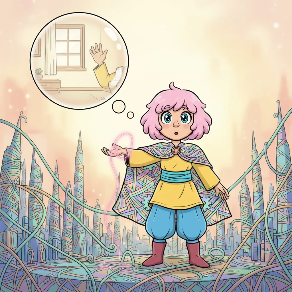 Si accorse che la città non aveva centro, o forse il centro era ovunque i fili si toccavano. Un filo rosato gli scivolò sul polso, e per un istante vide ciò che non aveva vissuto: una stanza chiara, una mano che salutava senza sapere che era l'ultima volta. La memoria non apparteneva a qualcuno soltanto, ma circolava, si offriva. Immagine: Il volto di Elio è sorpreso mentre un filo rosato gli tocca il polso. Accanto a lui, in una bolla di pensiero trasparente, si vede una scena nostalgica: una stanza luminosa e una mano che saluta da una finestra.