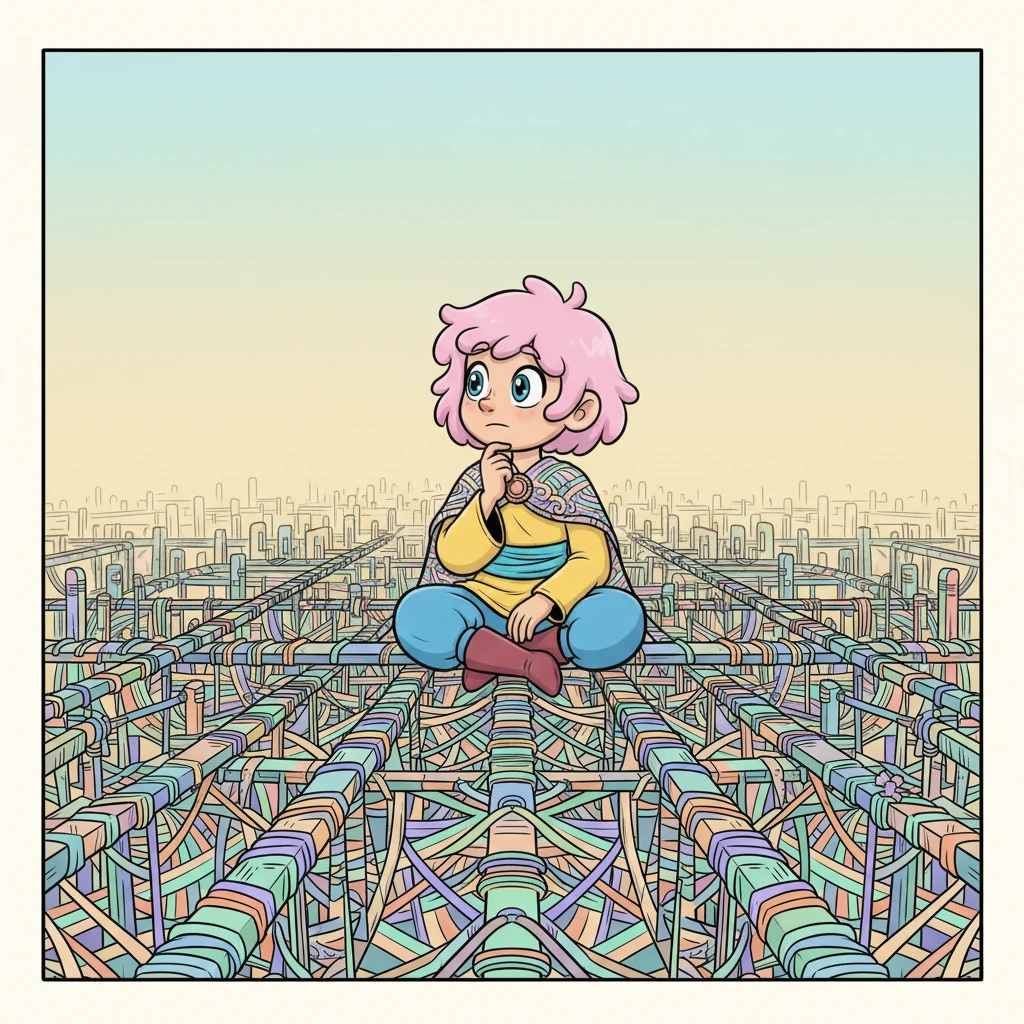 Elio rimase giorni, o forse minuti, a percorrere quell'intreccio ordinato. Lo stupiva che nulla emergesse per bellezza particolare: nessun filo più lucente, nessun nodo monumentale. Eppure tutto si reggeva in una necessità silenziosa, fragile come un equilibrio precario. Immagine: Elio è seduto pensieroso su un intreccio di fili, osservando la complessa e uniforme struttura della città. Non c'è un punto focale, ma un'armonia diffusa.