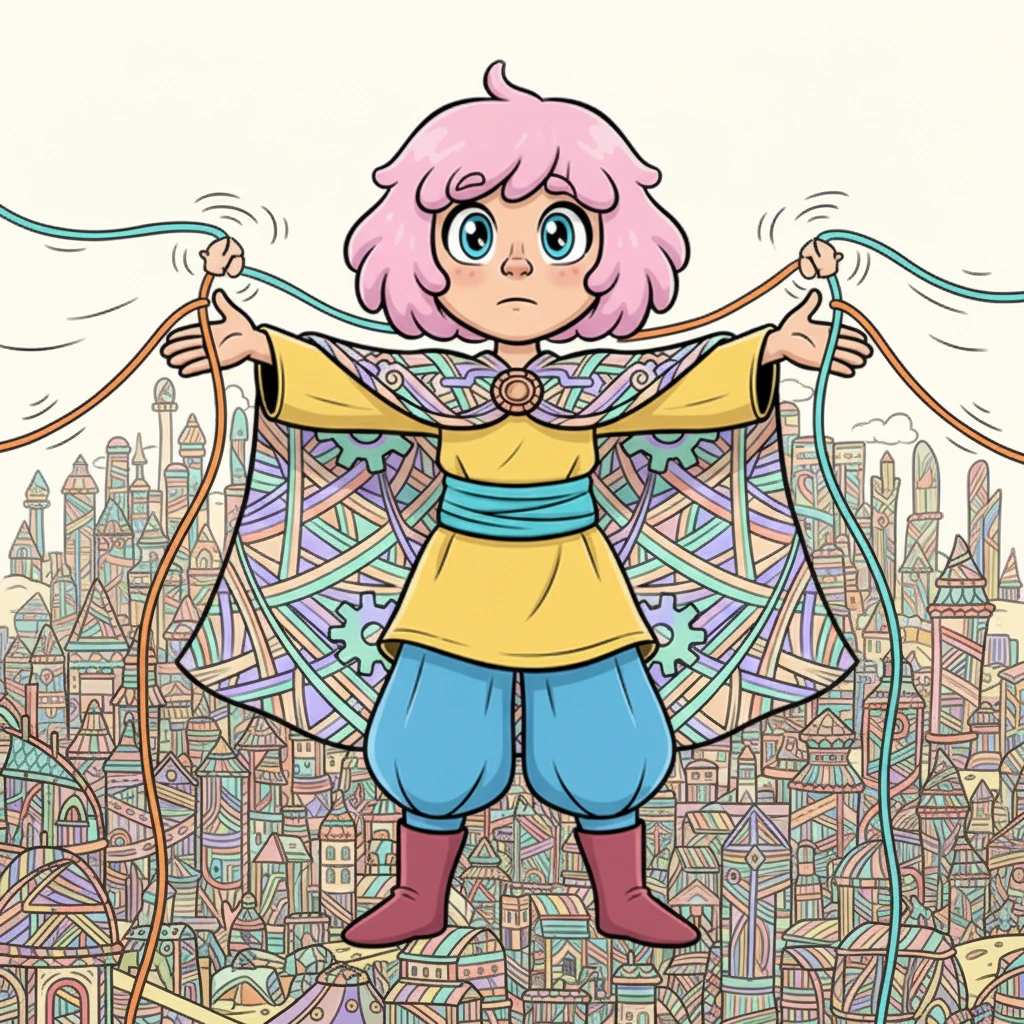 Immaginò di spostare un filo arancione sopra uno turchese, e l'intero disegno tremò, come una frase in cui una sola parola sbagliata incrina il senso. Fu allora che comprese: la città non poteva essere abitata senza essere custodita. La sua stessa esistenza dipendeva dalla delicata armonia dei suoi ricordi. Immagine: Le mani di Elio sono sospese sopra due fili, uno arancione e uno turchese, come se stesse per toccarli. L'intera città sullo sfondo trema leggermente, con piccole onde d'urto che si propagano dai fili.