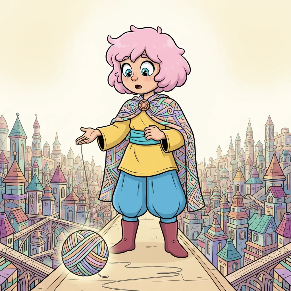 Capì che chi vi entra aggiunge un filo. Anche lui, camminando, ne aveva lasciato uno: un grigio tenue, il colore del suo sguardo esitante. Sentì il gomitolo stringersi appena per accoglierlo, e ne ebbe timore. Non della città, ma della sua memoria che avrebbe intrecciato la sua identità con quella degli altri. Immagine: Elio si guarda la mano, da cui un sottile filo grigio si estende e si intreccia nel vasto tessuto della città. La sua espressione è mista tra meraviglia e una leggera apprensione.