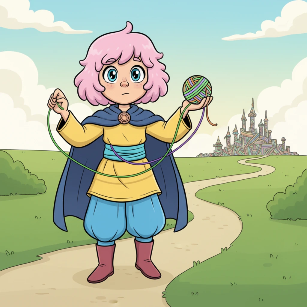 Cercò il margine, un lento allentarsi dell'intreccio, e si aprì un varco. Ora cammina lontano, ma in tasca gli pesa ancora il suo piccolo gomitolo. Prova a tirare un capo per sciogliersi da lei, ma se sfiora un filo verde, subito si muovono anche il viola e l'arancio. Nulla viene via da solo, la città lo ha preso per l'intreccio indissolubile. Immagine: Elio cammina su un sentiero erboso, lontano dalla città di fili che si intravede appena all'orizzonte. Tiene in mano un piccolo gomitolo colorato, e tirando un filo verde, altri fili (viola, arancio) si muovono dal gomitolo, dimostrando l'indissolubilità del legame.