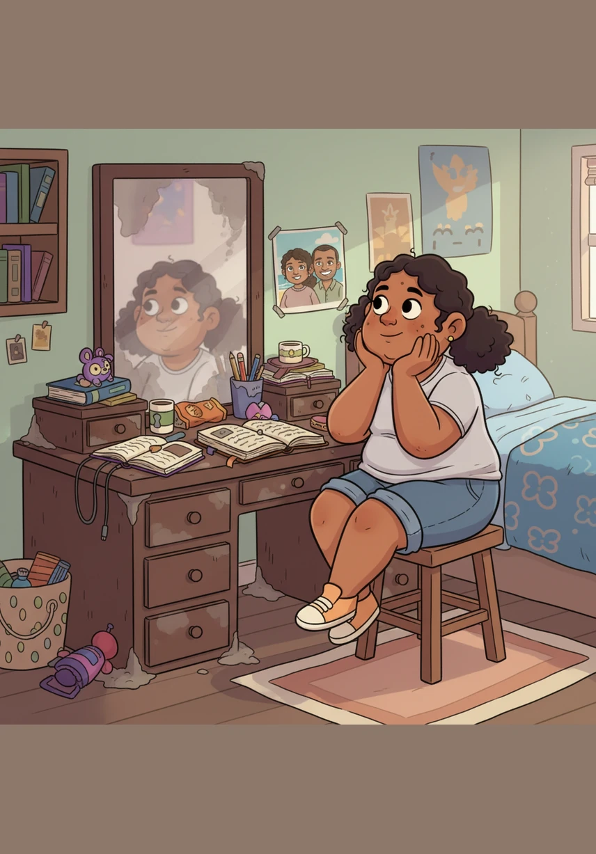 Elara sat before her dusty vanity, ignoring the spots on her skin and the clutter of her room. She lived in a world of her own making, where she was a princess and the messy chores of the real world simply did not exist.