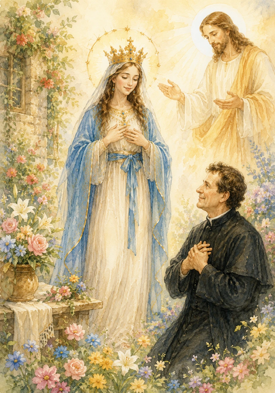 Había una vez una mujer muy especial llamada María, que vivía rodeada de flores de colores y mucha luz. Ella siempre tenía una sonrisa dulce y tranquila porque guardaba a Dios en lo más profundo de su corazón.