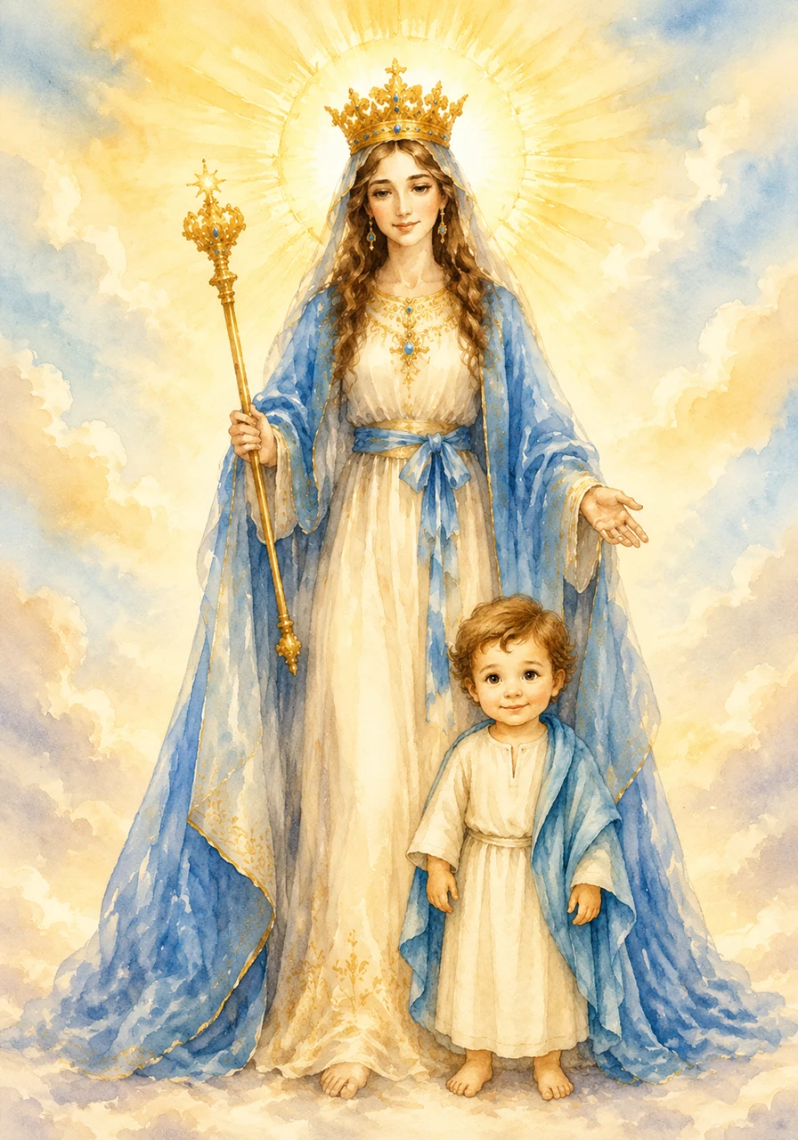 Sobre su cabeza brilla una aureola de luz dorada muy hermosa, que nos recuerda que ella siempre dijo que sí a los planes de Dios. María nos enseña que tener fe y obedecer con alegría nos hace brillar como el sol de la mañana.