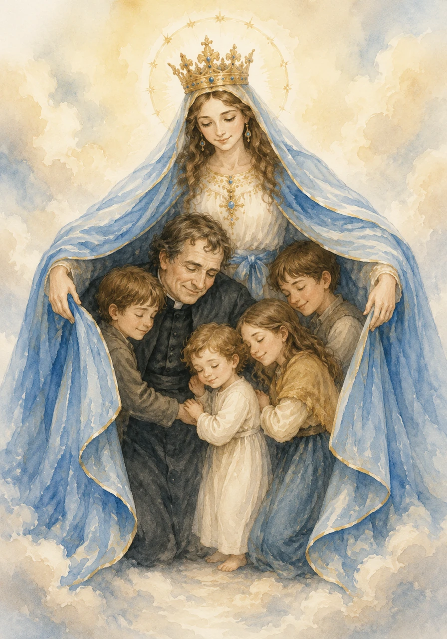 María lleva un manto azul muy grande y suave, tan largo que parece tocar las nubes. Bajo su manto, ella nos abraza a todos nosotros como una mamá protege a sus hijitos cuando tienen frío o miedo.