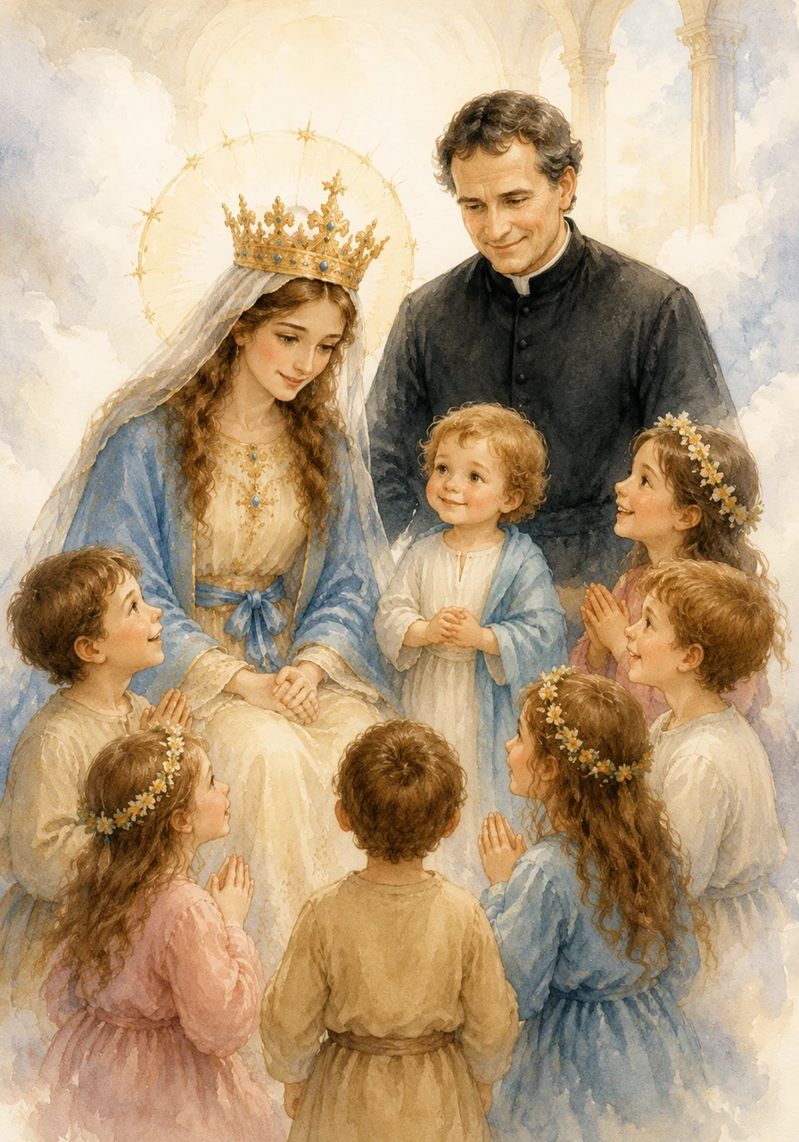 Sobre su cabeza luce una corona de Reina, porque es la más importante de todo el cielo. Pero María es una reina muy buena que prefiere estar cerca de los niños pequeños para escuchar sus cantos y oraciones.