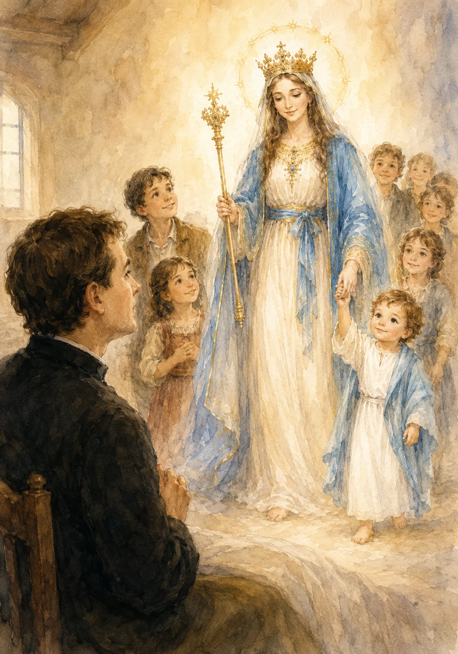 Un gran amigo de los niños llamado Don Bosco soñó con ella y comprendió que María sería nuestra guía. Él nos enseñó que ella es nuestra Auxiliadora, la mejor maestra que nos lleva de la mano hacia Jesús.