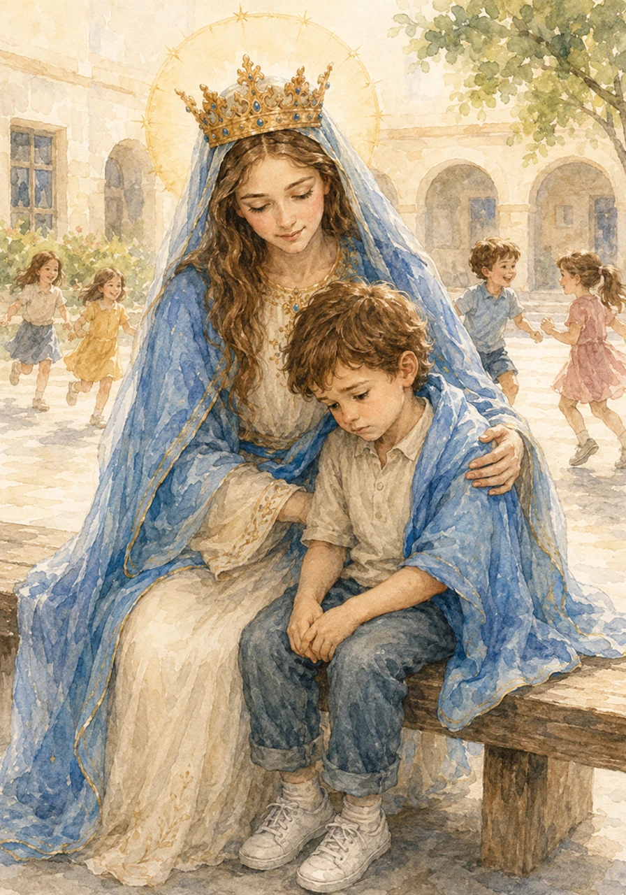 Cuando un niño se siente triste o está solito en el patio, María se acerca despacito y lo cubre con su amor. Ella siempre está atenta para que la alegría vuelva a nuestros corazones y podamos jugar felices de nuevo.