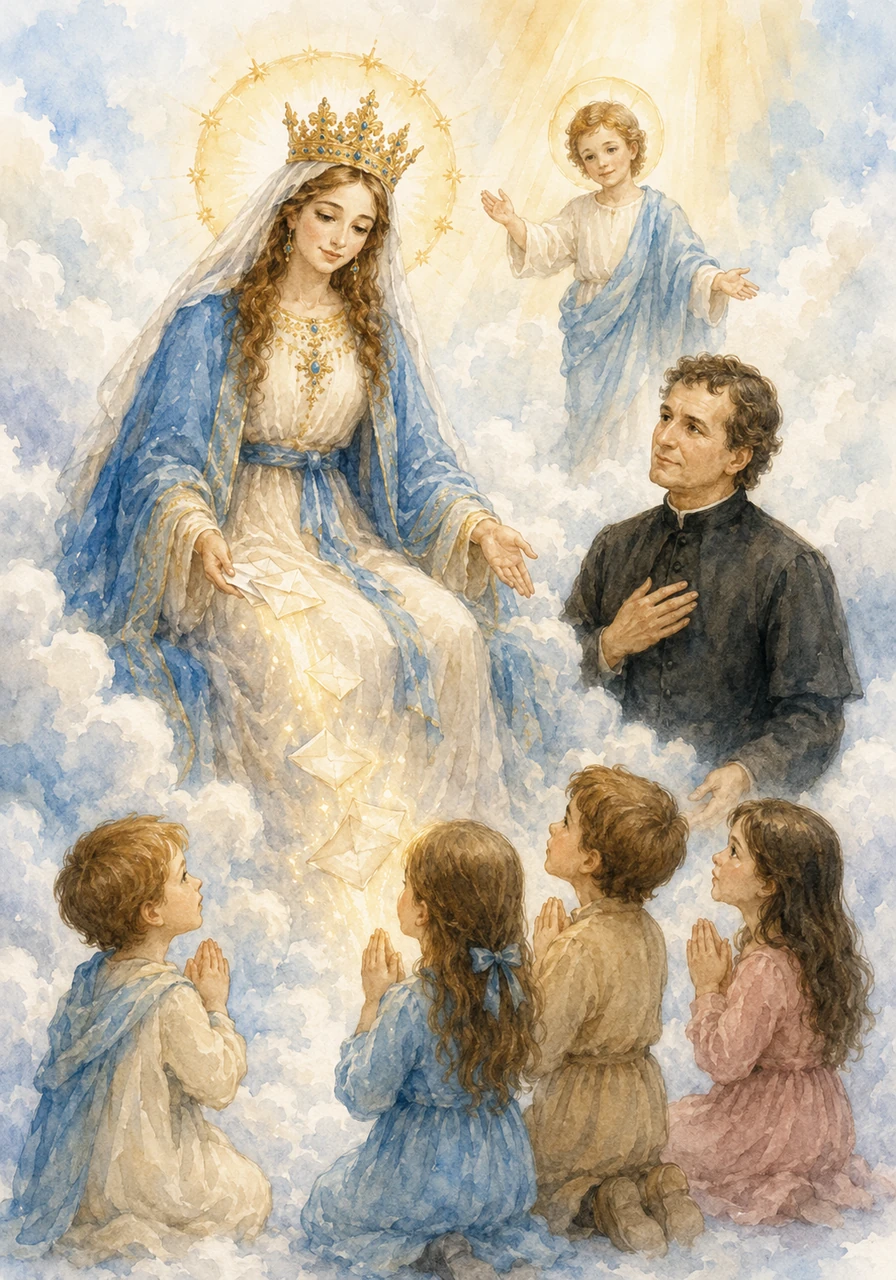 Cuando juntamos nuestras manitos para rezar, María nos mira con mucha ternura desde su trono de nubes. Ella toma nuestras peticiones y se las lleva a Dios para que siempre estemos bendecidos y cuidados.