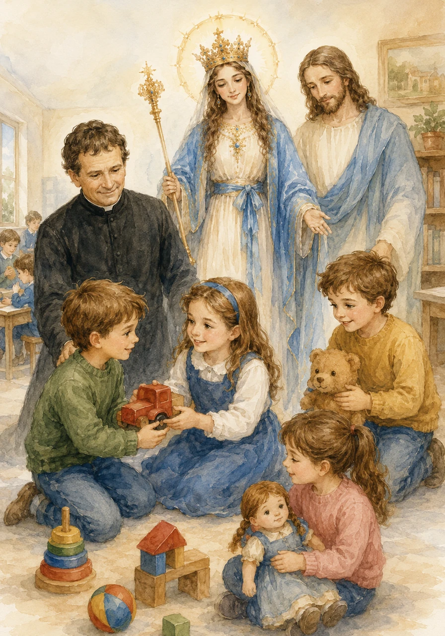En nuestra escuela y en nuestras casas, María camina a nuestro lado aunque no la veamos. Ella cuida que todos seamos buenos amigos, que compartamos nuestros juguetes y que nos tratemos con mucho cariño.