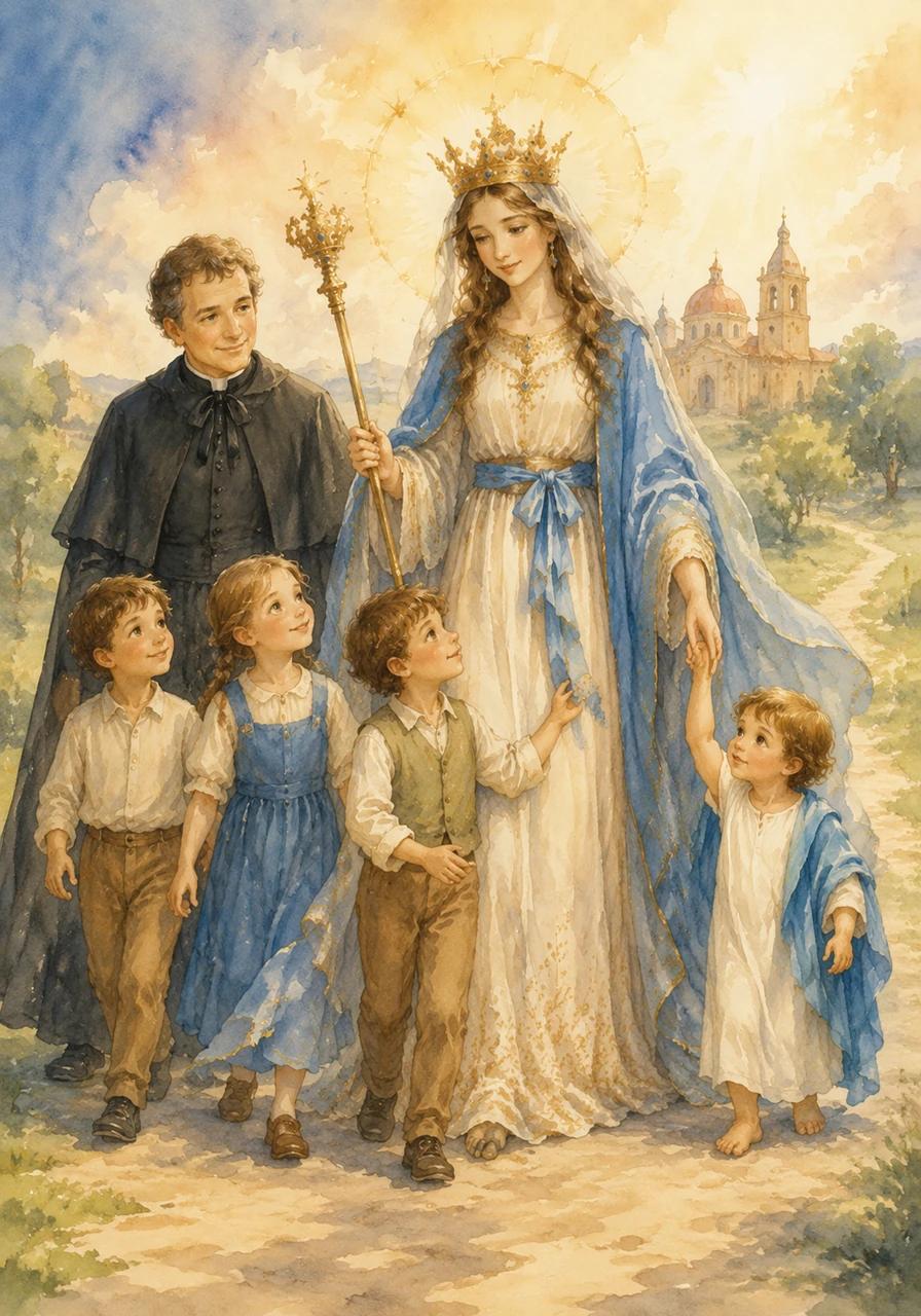 María Auxiliadora es nuestra madre del cielo que nunca nos suelta de la mano. Con su corona, su cetro y su manto, nos guía cada día por el camino del amor, la obediencia y la felicidad.