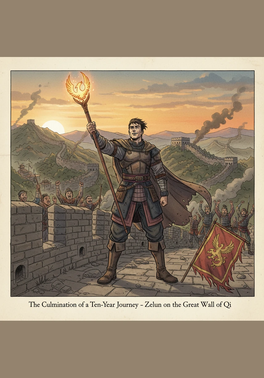 Зелун стоит на вершине Великой стены Ци, окутанный золотым сиянием и окруженный мириадами свирепых духов. В его руке покоится меч Бессмертного, а у ног лежат пустые винные сосуды, которые питали его божественную силу в течение десяти лет одинокой стражи.