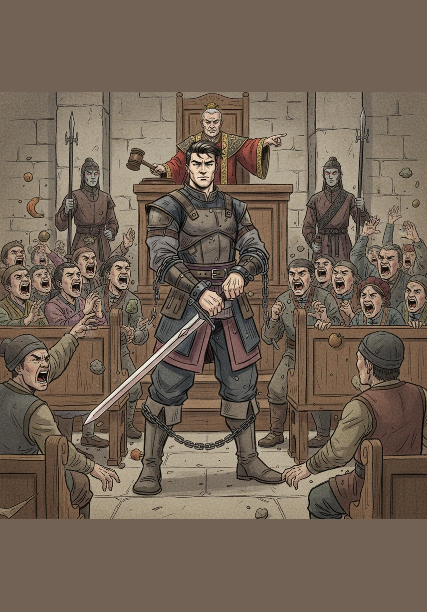 В зале суда царит хаос и ненависть, люди выкрикивают оскорбления в адрес своего бывшего защитника. Судья с грохотом опускает молоток, объявляя Зелуна преступником и лишая его всех званий, пока толпа забрасывает скованного героя вещами.