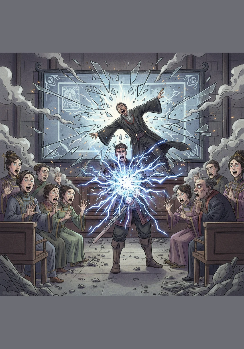 Мощная волна энергии вырывается из тела Зелуна, отбрасывая судью прямо в огромный экран трансляции, который разлетается на куски. Лица присутствующих искажаются от первобытного ужаса, когда они осознают, что их «беспомощный» подсудимый все еще обладает силой бога.