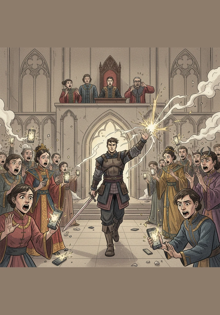 Зелун медленно идет к выходу из зала суда, и от одного его взмаха руки смартфоны злобных зрителей взрываются в их руках. Никто не смеет преградить ему путь, пока он покидает здание, оставляя позади испуганных судей и кричащих от страха людей.