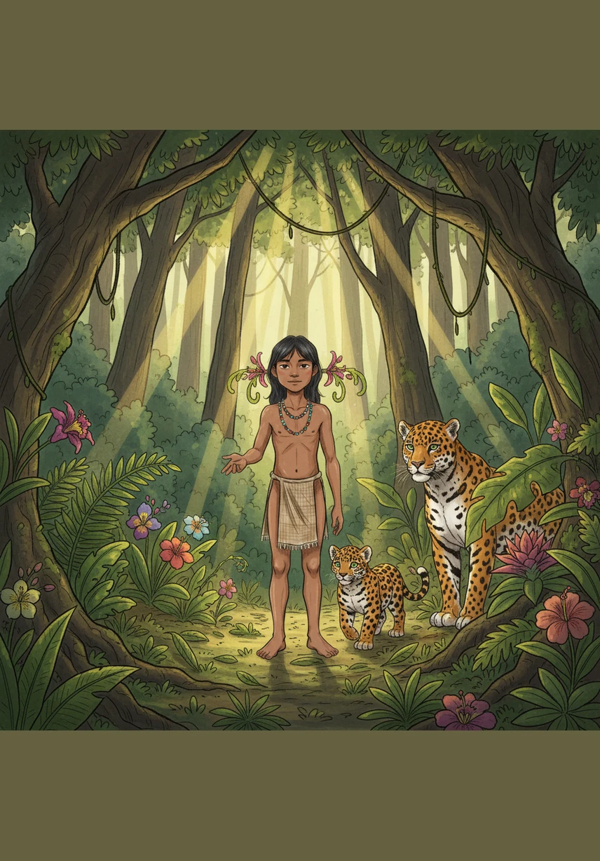 Yara camina por la densa selva amazónica mientras la luz dorada se filtra entre las copas de los árboles gigantes. A su paso, las flores de colores vibrantes se inclinan hacia él y los helechos parecen susurrarle secretos al oído, reconociendo su don especial.