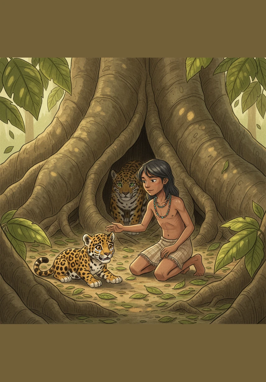 Bajo las raíces monumentales de una ceiba milenaria, Yara descubre a una pequeña cría de jaguar que llora desconsolada. Sus ojos color ámbar están empañados por el miedo, y Yara se arrodilla para consolarla mientras las hojas cercanas brillan con una luz suave y reconfortante.