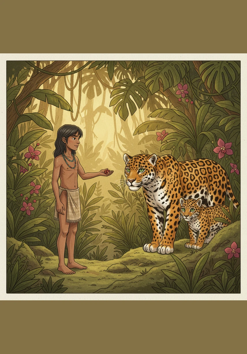 Decidido a ayudar al pequeño felino, Yara apoya su mano sobre el tronco de un árbol de caucho para preguntar el camino. Las enredaderas comienzan a moverse lentamente, desenredándose para señalar un sendero oculto que se interna en lo más profundo del bosque.