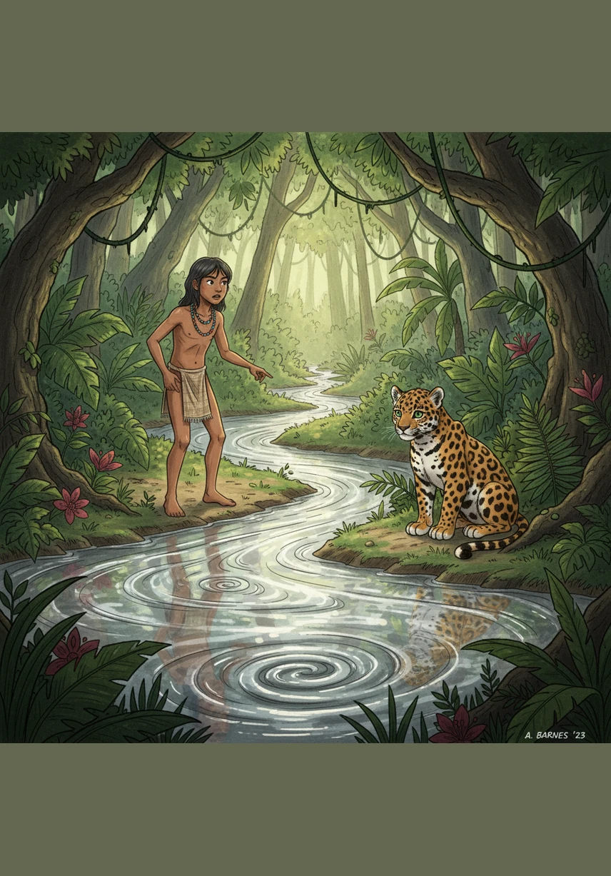 El camino se ve interrumpido por una marea interminable de hormigas guerreras que cruza el suelo como un río oscuro. Yara le pide ayuda a los juncos de la orilla, que se entrelazan mágicamente para formar un puente natural por el que él y el jaguar pasan sin peligro.