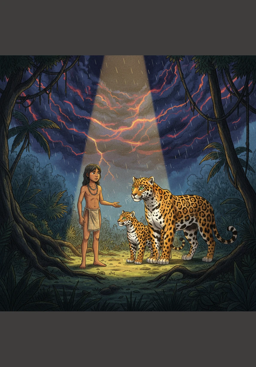 De repente, el cielo se torna de un color violeta intenso y una tormenta tropical estalla con una fuerza sobrecogedora. Los relámpagos iluminan la selva con destellos cinematográficos mientras el viento ruge entre las ramas, asustando al pequeño cachorro.