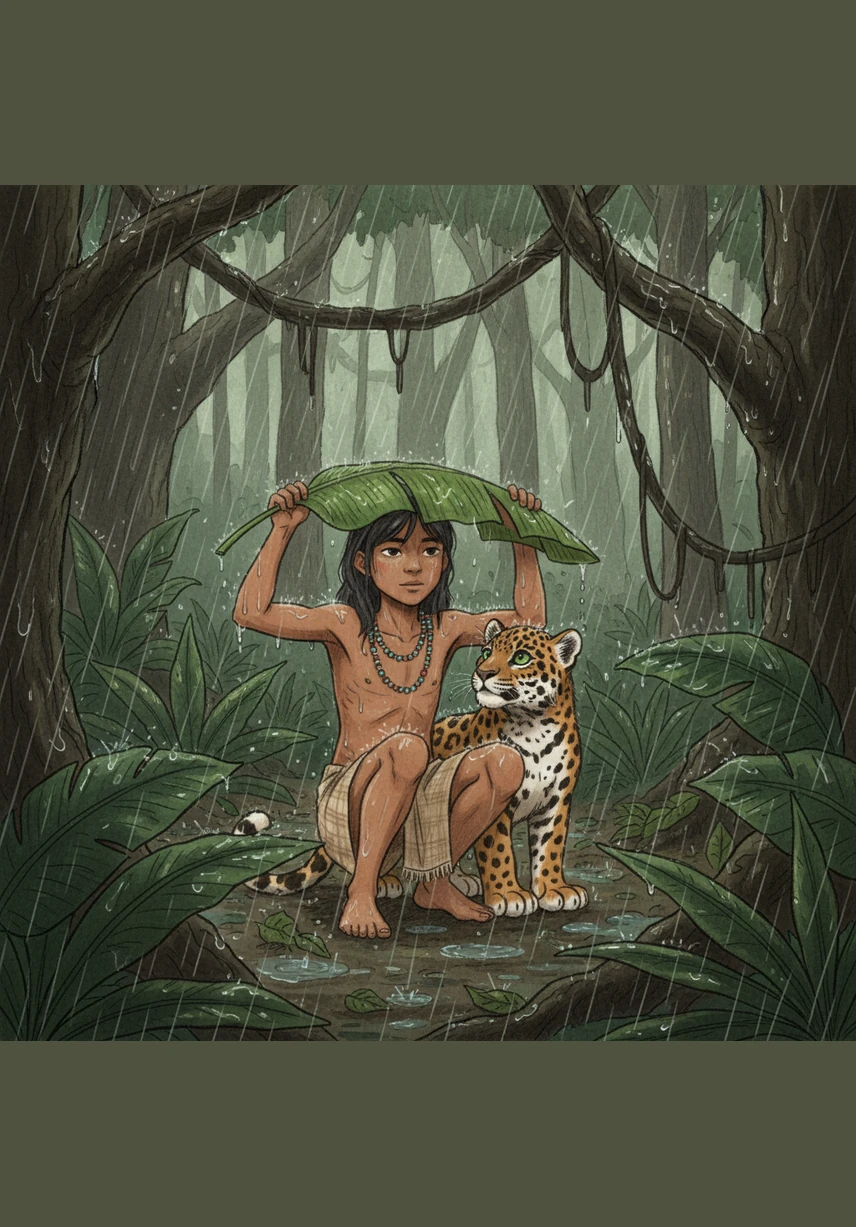 En lugar de azotarlos, las enormes hojas de palma se curvan hacia abajo como paraguas vivientes para proteger a Yara y al jaguar de la lluvia torrencial. Yara siente el latido de la selva bajo sus pies, comprendiendo que el bosque entero está cuidando de ellos.